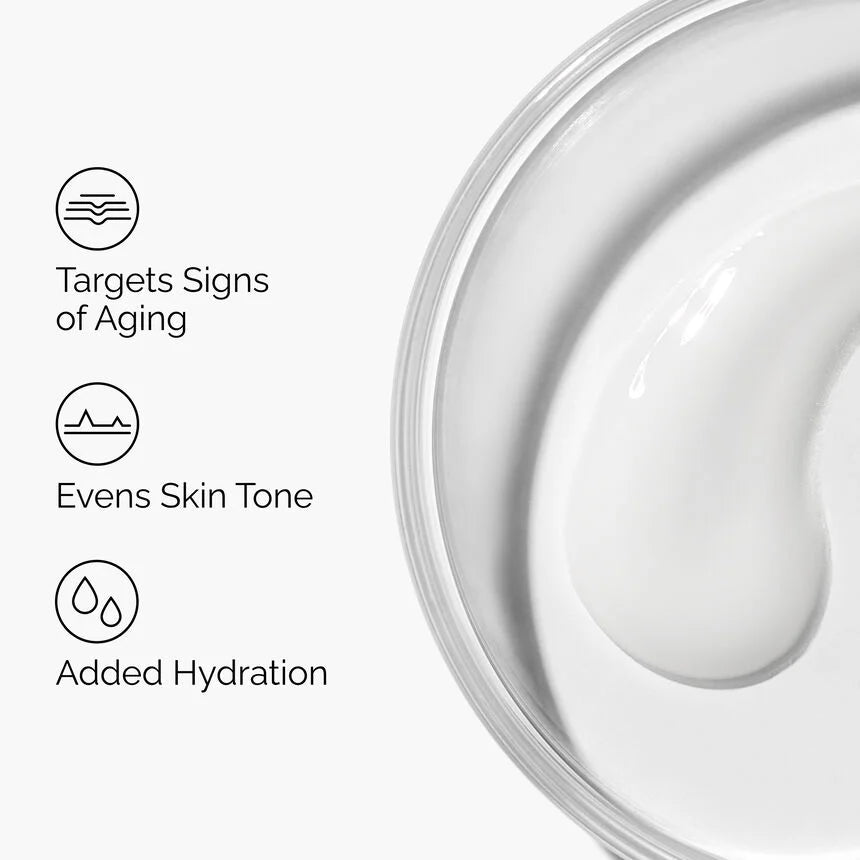 Cosmetic container with text highlighting features on a white background

