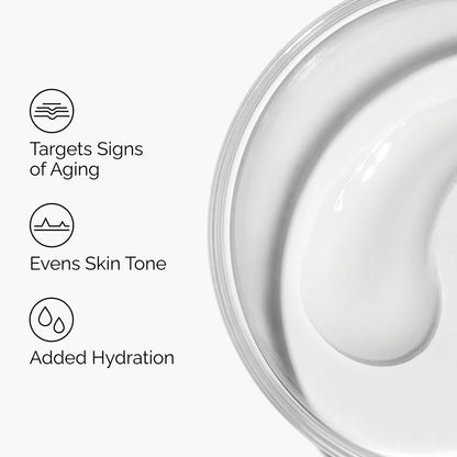 Cosmetic container with text highlighting features on a white background

