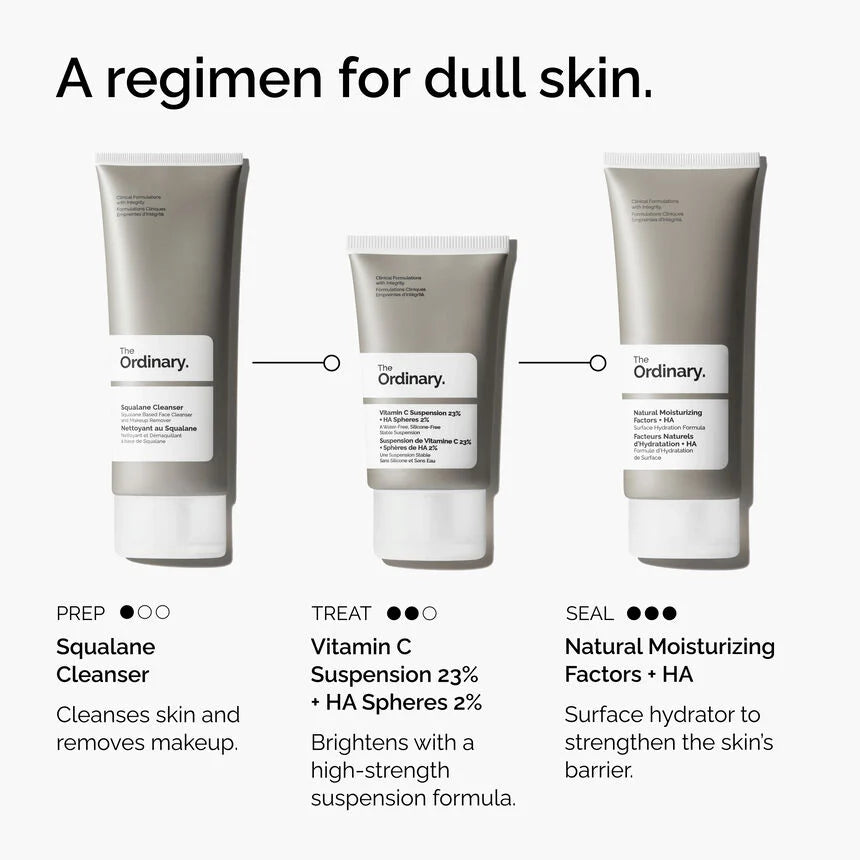 Three skincare products from 'The Ordinary' with labels and descriptions on a white background.

