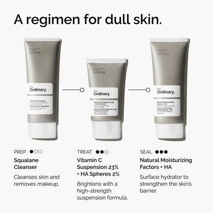 Three skincare products from 'The Ordinary' with labels and descriptions on a white background.

