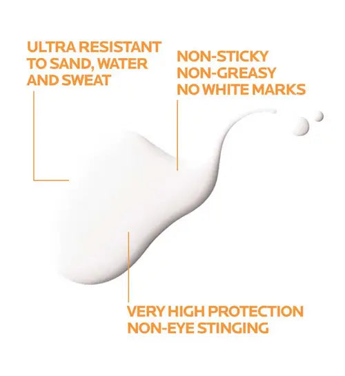 Product description with text about resistance to sand, water, and sweat, non-sticky nature, no white marks, high protection, and no eye stinging.

