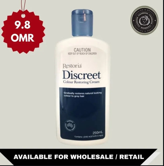 Restoria Discreet Colour Restoring Cream bottle with price tag and promotional text on a light gray background

