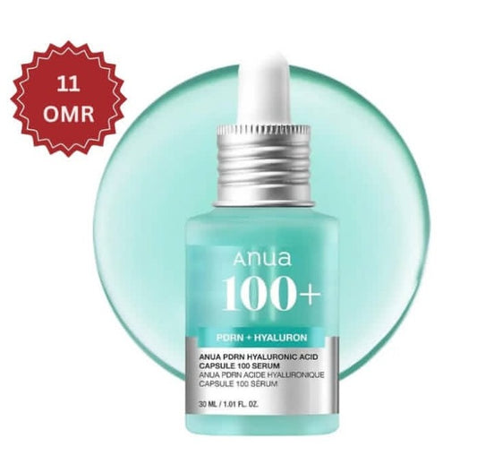 Anua 100+ serum bottle with dropper on a light blue background

