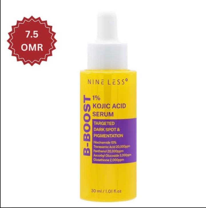 Yellow serum bottle with purple label on a white background, featuring 'Nine Less' brand.

