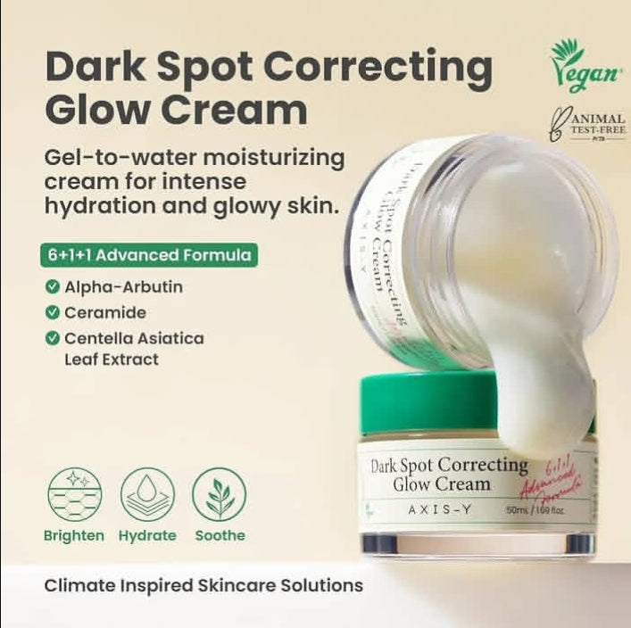 AXIS-Y Dark Spot Correcting Glow Cream packaging with text on a beige background

