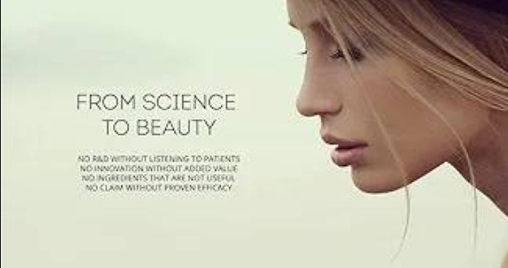 Woman's profile with text 'From Science to Beauty' on a light background

