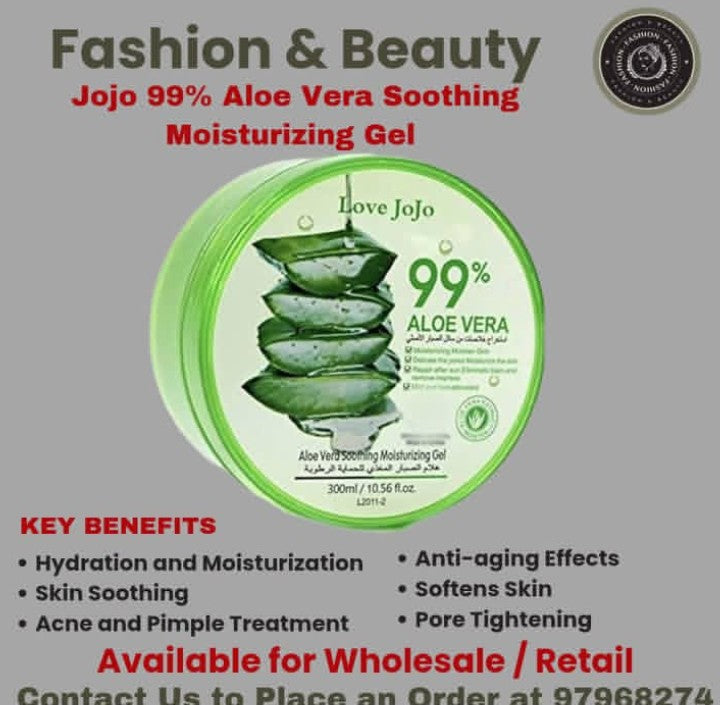 Jojo 99% Aloe Vera Soothing Moisturizing Gel packaging with key benefits listed on a gray background.

