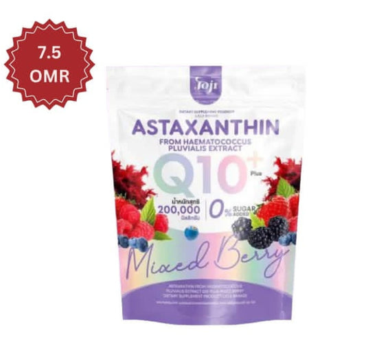 Package of Astaxanthin Q10 Plus with mixed berry flavor on a white background


