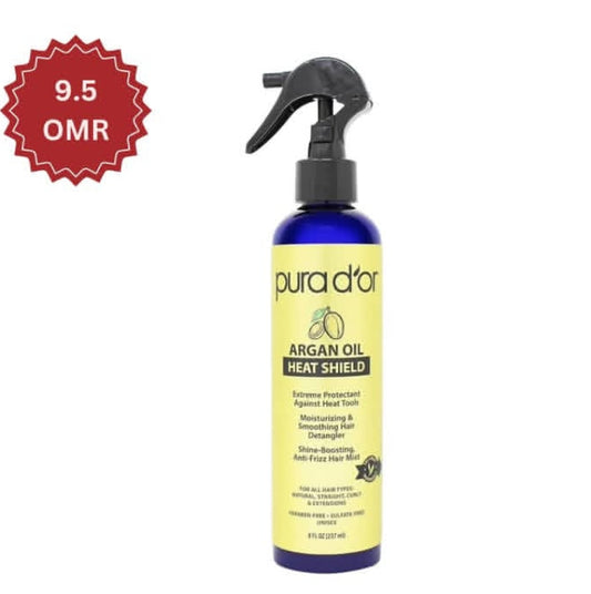 Pura D'or Argan Oil Heat Shield spray bottle on a white background with a price tag overlay.

