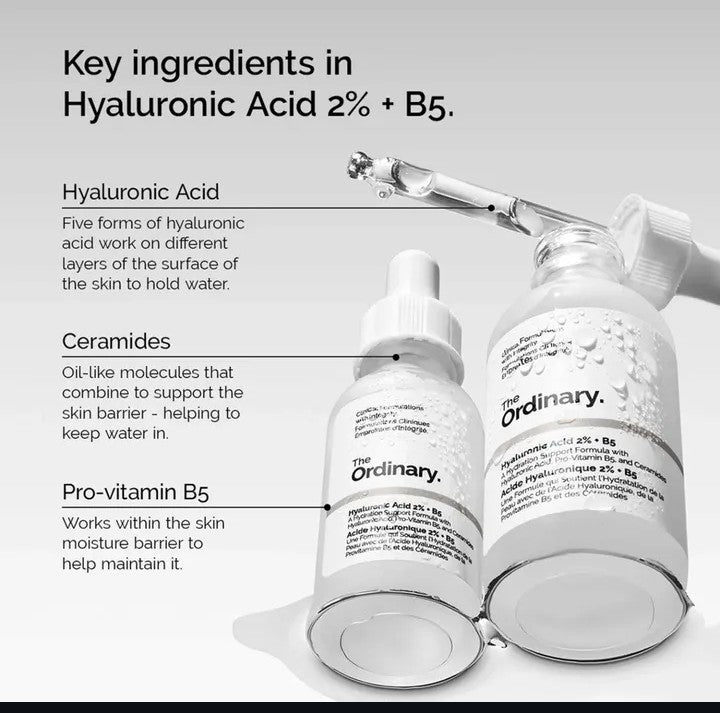 Two skincare bottles with text explaining key ingredients in Hyaluronic Acid 2% + B5.

