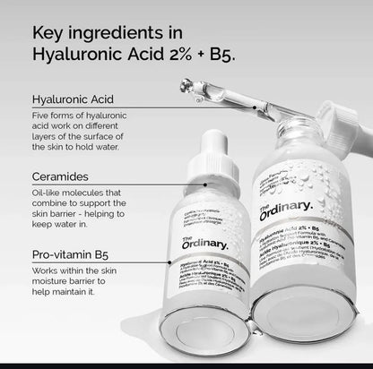 Two skincare bottles with text explaining key ingredients in Hyaluronic Acid 2% + B5.

