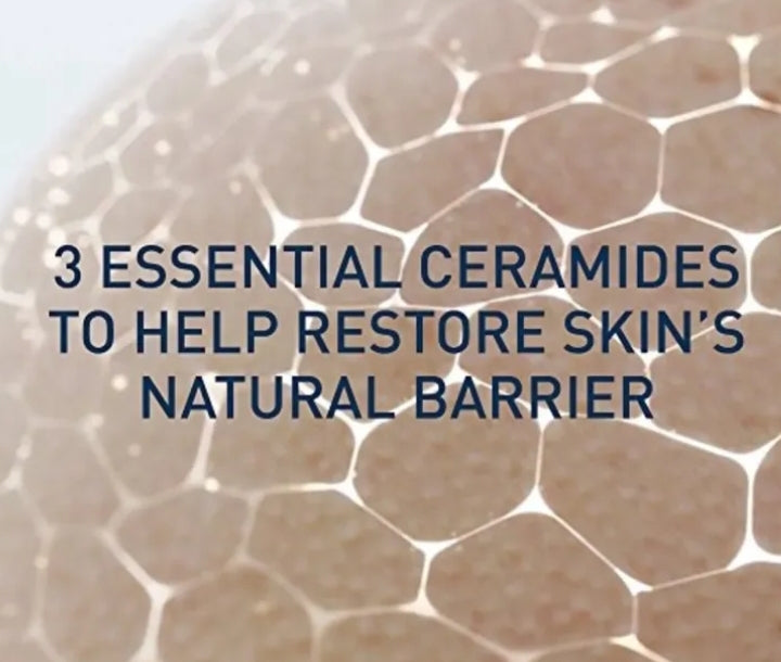 Text overlay on a textured beige background with hexagonal pattern, featuring '3 Essential Ceramides to Help Restore Skin's Natural Barrier'.


