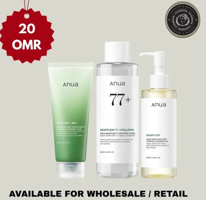 Anua Heartleaf Cleansing Oil, Deep Cleansing Foam, and Soothing Toner set
