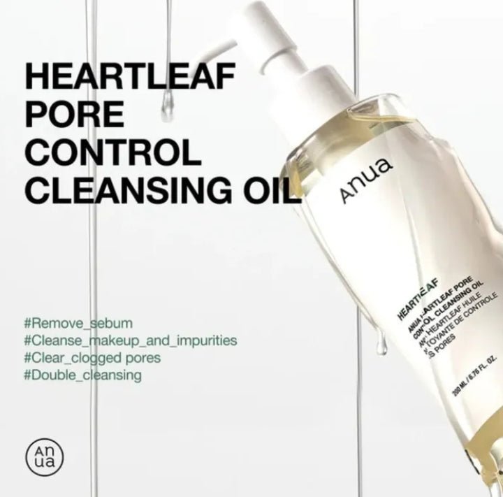 Anua Heartleaf Pore Control Cleansing Oil bottle on a white background with text about product benefits.

