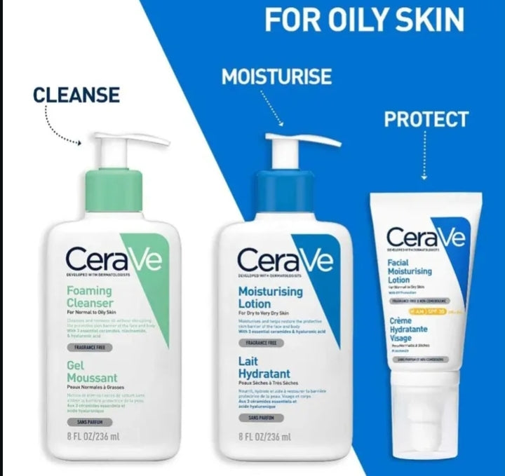 CeraVe skincare products for oily skin with 'Cleanse', 'Moisturise', and 'Protect' steps on a blue and white background.


