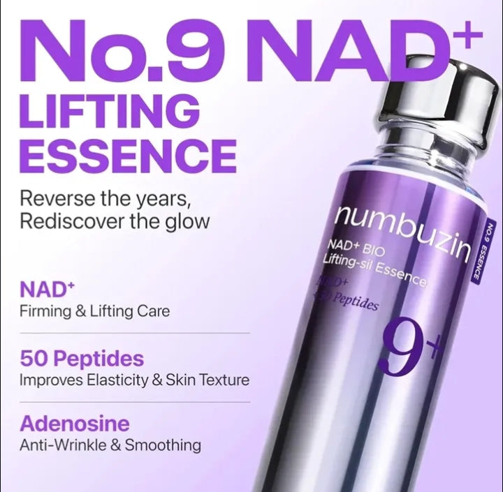 Numbuzin No.9 NAD+ Lifting Essence bottle on a purple background

