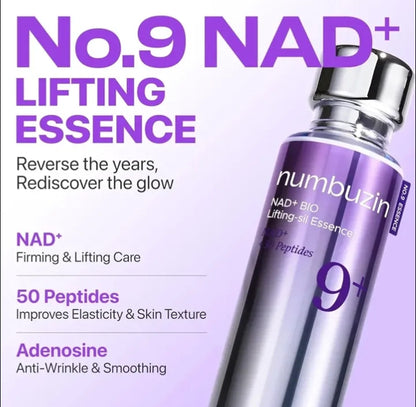 Numbuzin No.9 NAD+ Lifting Essence bottle on a purple background


