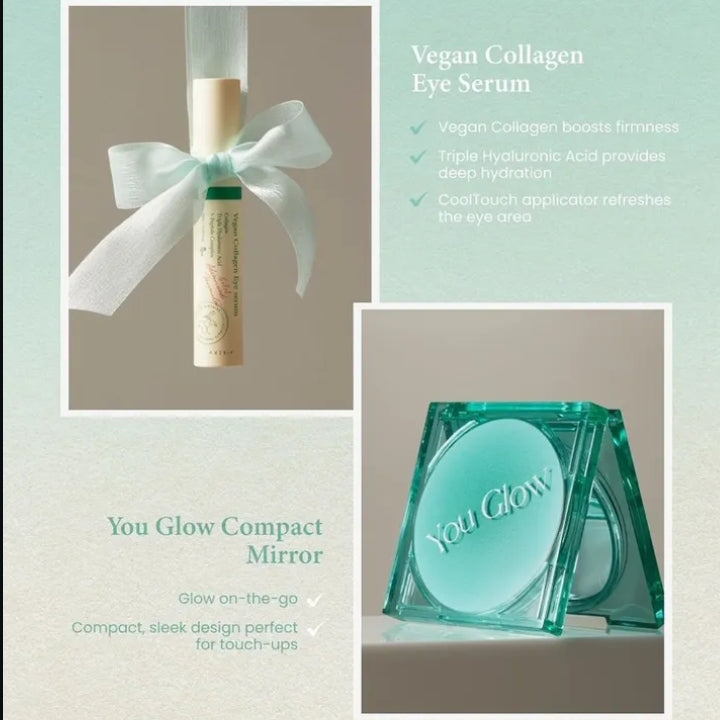 Vegan Collagen Eye Serum and You Glow Compact Mirror with product details on a light green background

