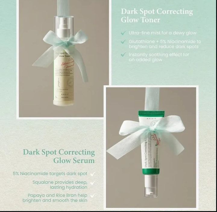 Cosmetic products with text on a light green and beige background

