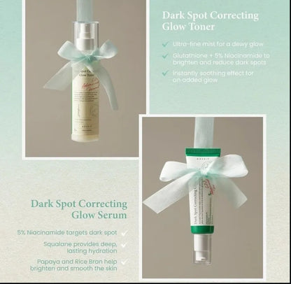 Cosmetic products with text on a light green and beige background

