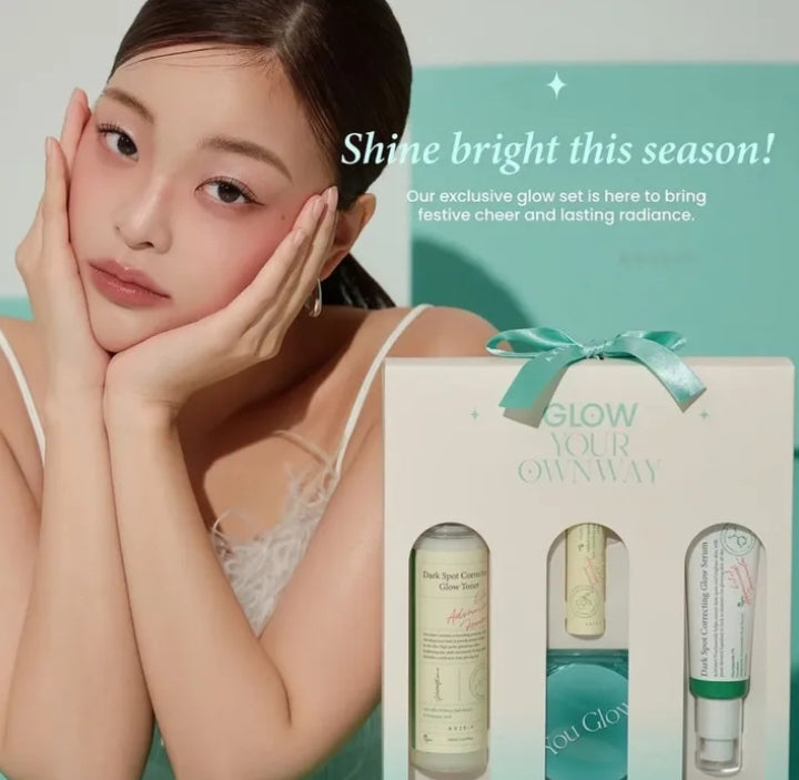 Woman with a skincare product set and text 'Shine bright this season!' on a teal background


