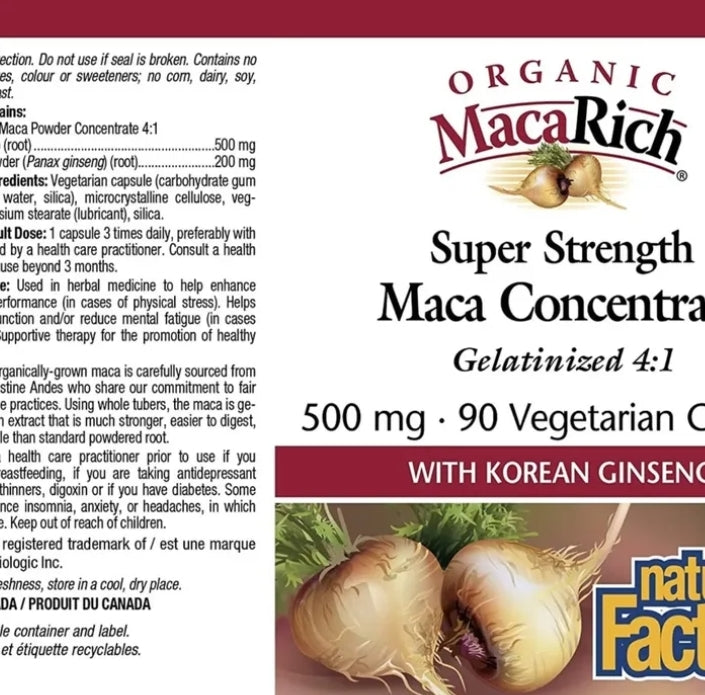 MacaRich Maca Concentrate supplement label with maca root imagery

