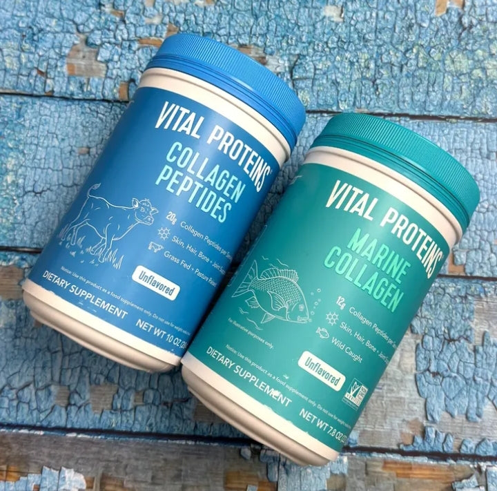 Two containers of Vital Proteins collagen peptides on a textured blue surface