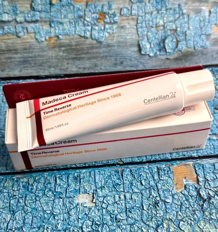 Madeca Cream tube and box on a textured blue surface