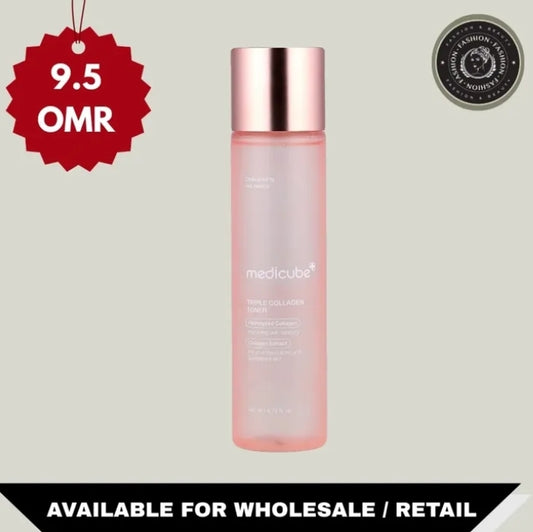 Pink skincare bottle with 'medicube' branding on a light gray background, featuring a red star rating and text.

