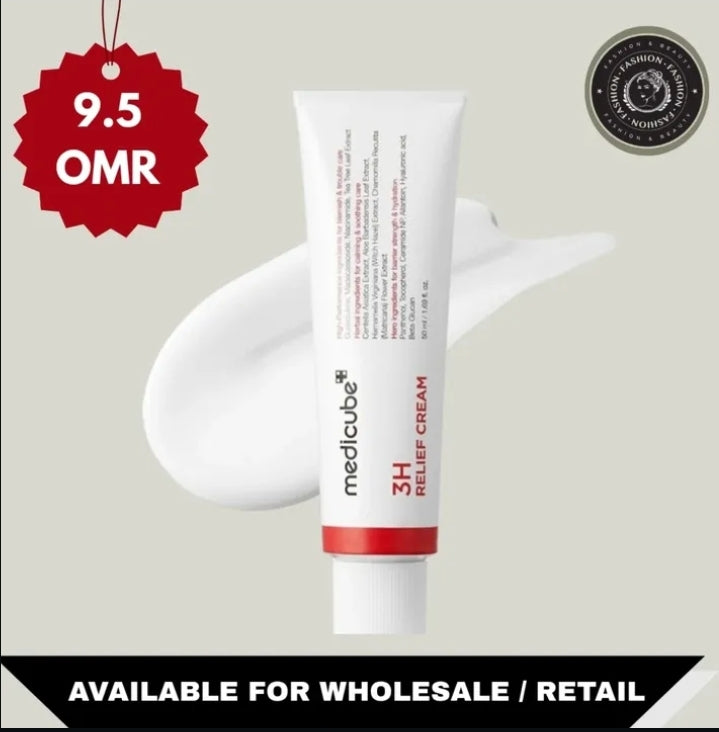 Tube of Medicube 3H Relief Cream with a price tag and certification logo on a light gray background

