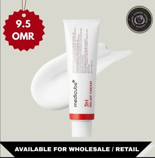 Tube of Medicube 3H Relief Cream with a price tag and certification logo on a light gray background

