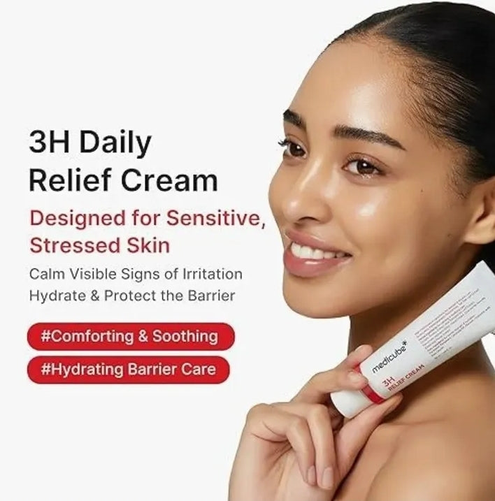 Woman holding a tube of 3H Daily Relief Cream with product description text on a white background