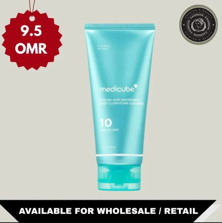 Blue tube of Medicube product with a price tag and availability text on a gray background

