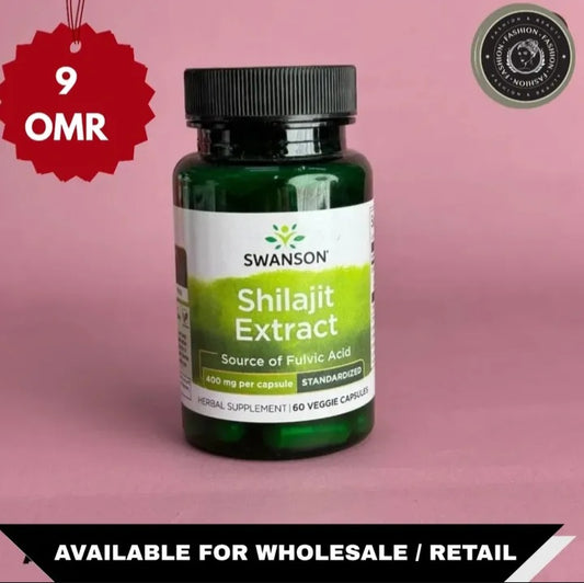 Swanson Shilajit Extract supplement bottle on a pink background with text overlay.

