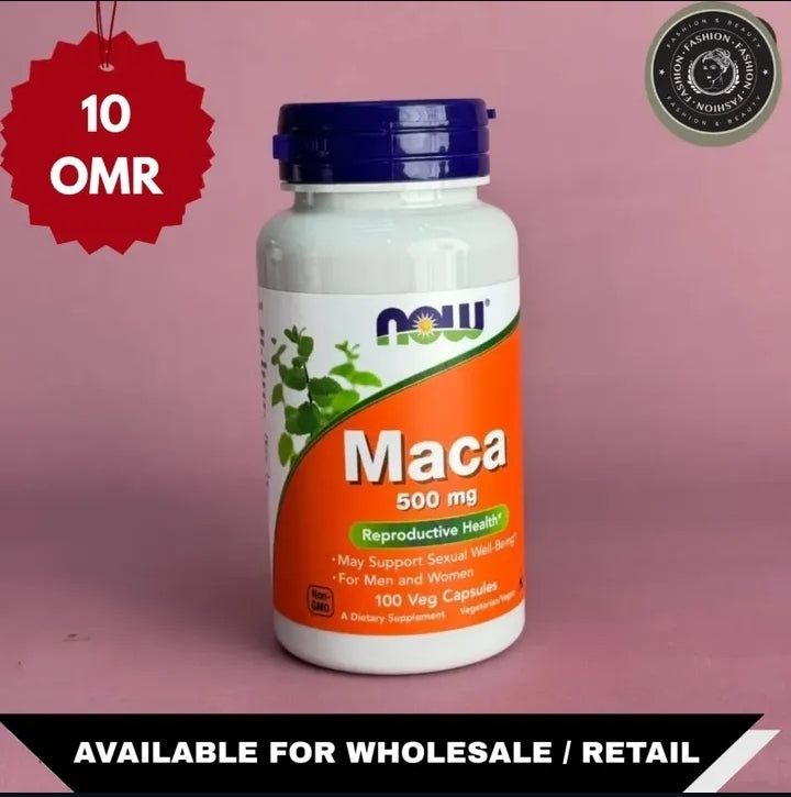 Maca supplement bottle with Now brand on a pink background

