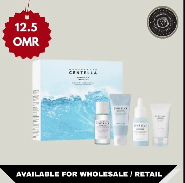Mandarin Orange skincare product set with packaging and bottles on a light gray background.