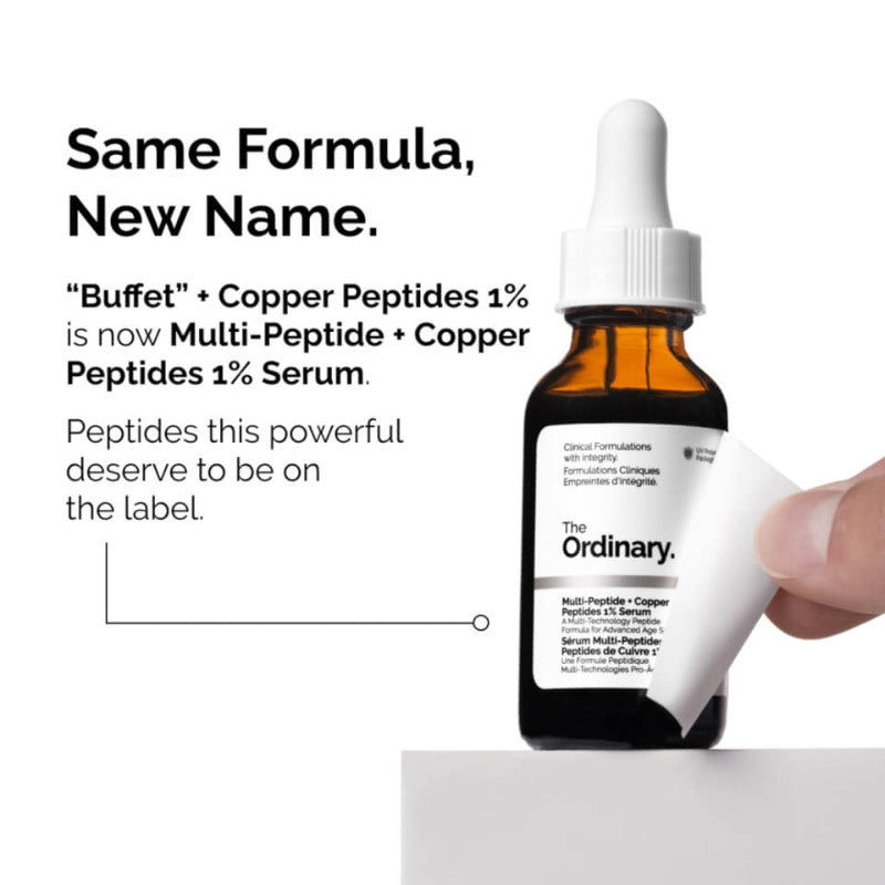 Bottle of 'The Ordinary' Multi-Peptide + Copper Peptides 1% Serum with dropper on a white background.

