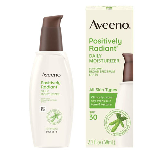 Aveeno Positively Radiant Daily Moisturizer bottle and packaging on a white background

