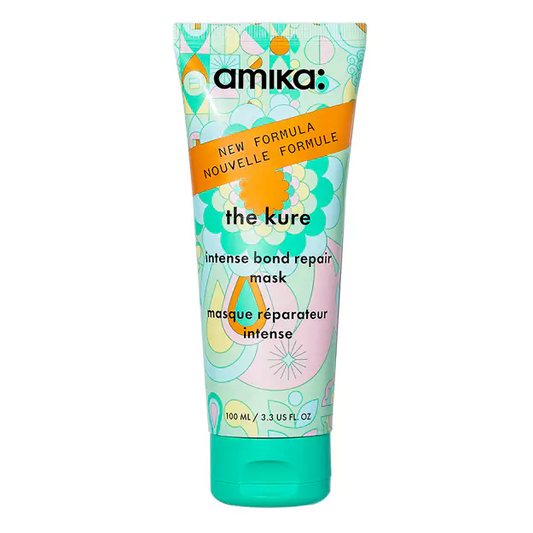 A tube of Amika The Kure Intense Bond Repair Mask with a colorful design on the label.

