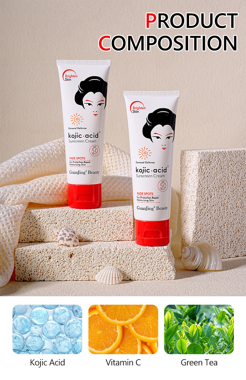 Kojic Acid Sunscreen SPF50 Moisturizing Skin Care Sunblock 50g Fade Spots UVA/UVB Protection Sunscreen Cream - FashionAndBeautys