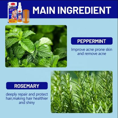 Product packaging with peppermint and rosemary images and text on a blue background

