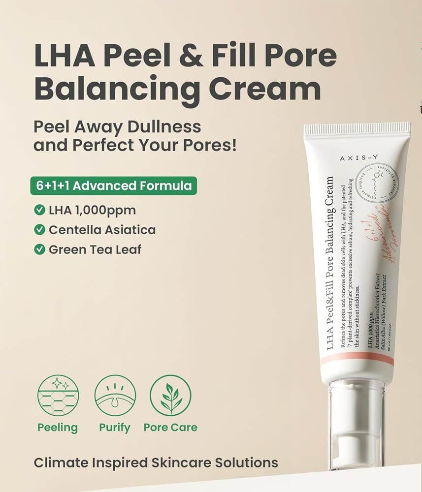 AXIS-Y LHA Peel & Fill Pore Balancing Cream tube on a beige background with product details.

