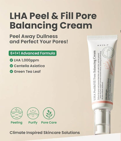 AXIS-Y LHA Peel & Fill Pore Balancing Cream tube on a beige background with product details.


