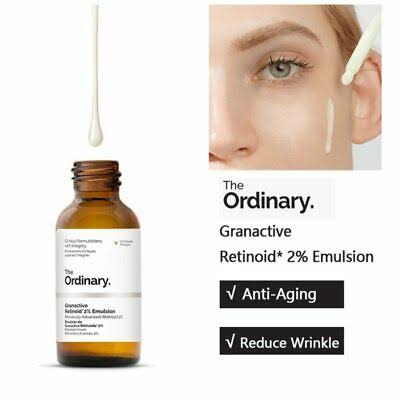 The Ordinary Granactive Retinoid 2% Emulsion bottle with a dropper and a close-up of a person applying it to their face.

