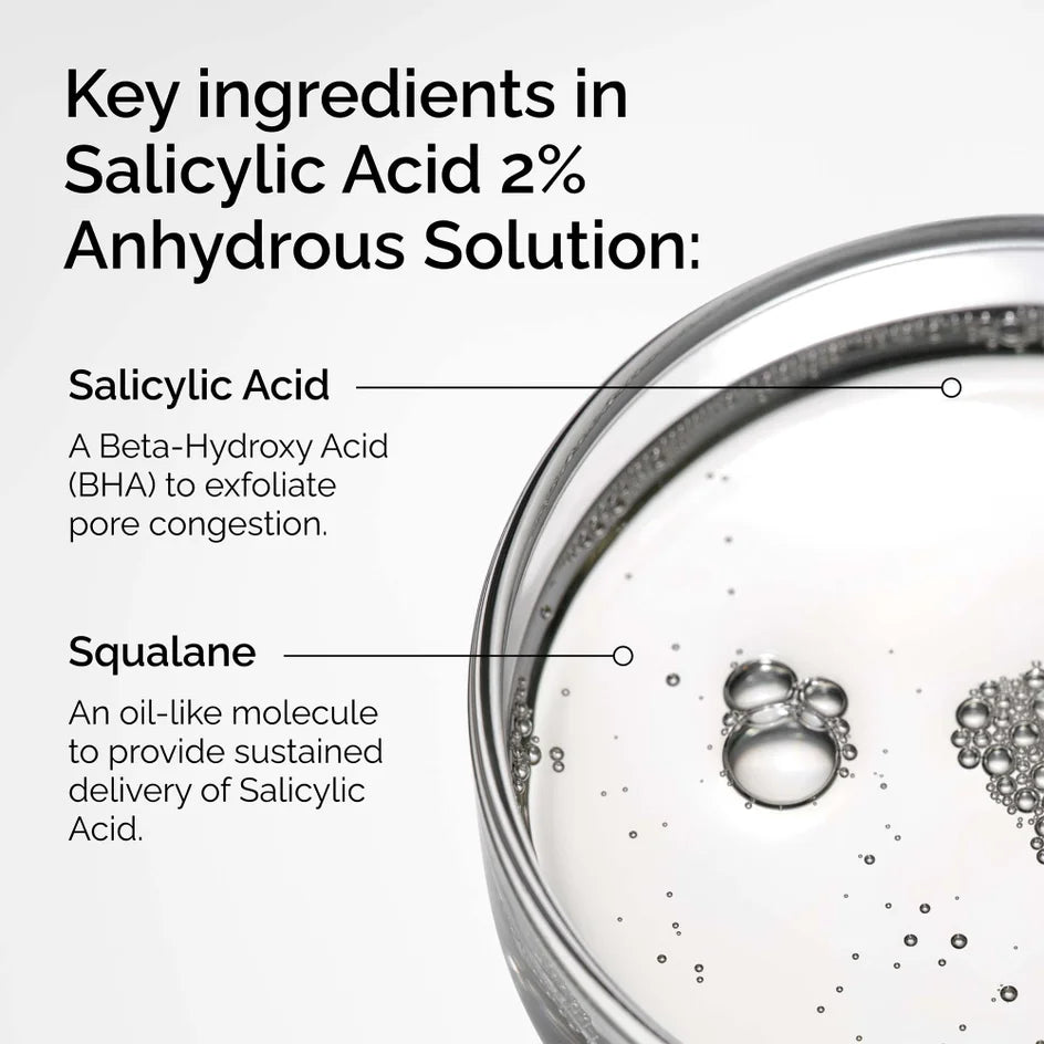 Glass container with liquid and text about salicylic acid and squalane in a solution.