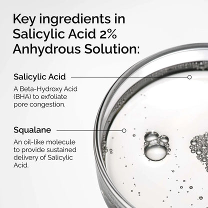 Glass container with liquid and text about salicylic acid and squalane in a solution.