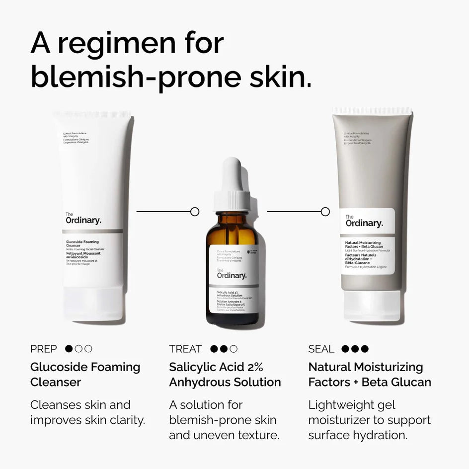 Three skincare products from 'The Ordinary' with text describing their uses on a white background.