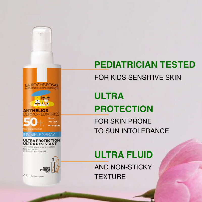 La Roche-Posay sunscreen spray bottle with product features on a light gray background

