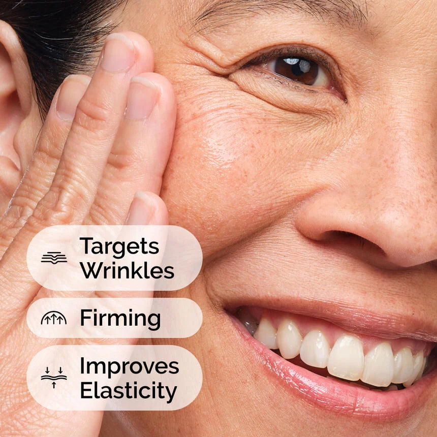 Close-up of a person's face with text indicating skin care benefits