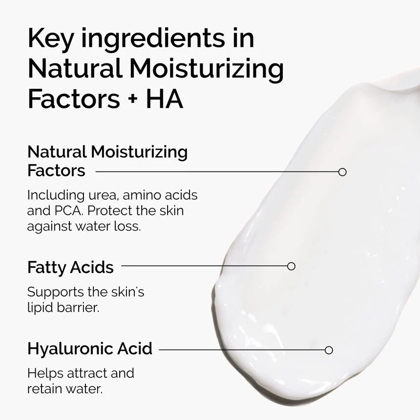 Text detailing key ingredients in natural moisturizing factors with a close-up of a moisturizing product.

